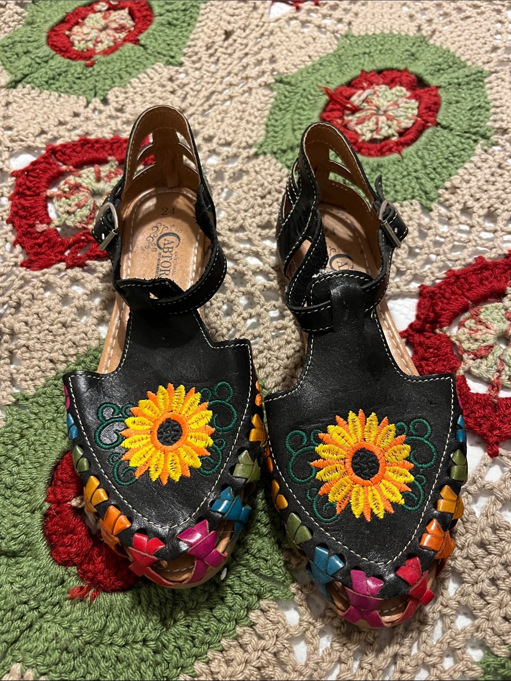 Black Leather Sandals with Embroidered Yellow Sunflowers